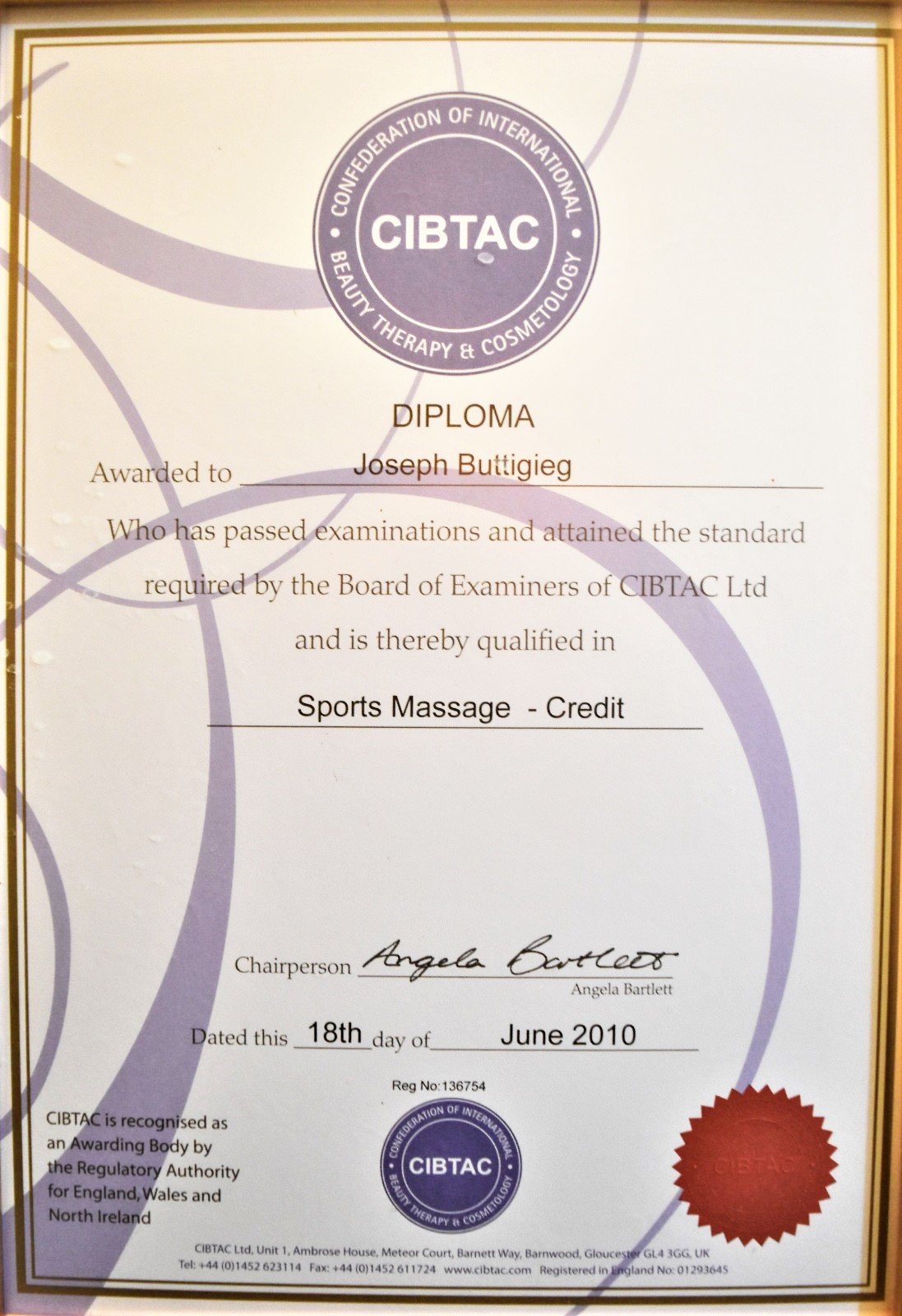 cibtac-2010-certificate - Joseph Buttigieg - Sports Massage Therapist