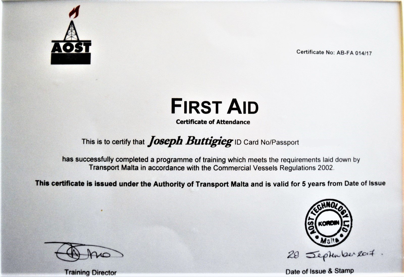 first-aid-certificate - Joseph Buttigieg - Sports Massage Therapist
